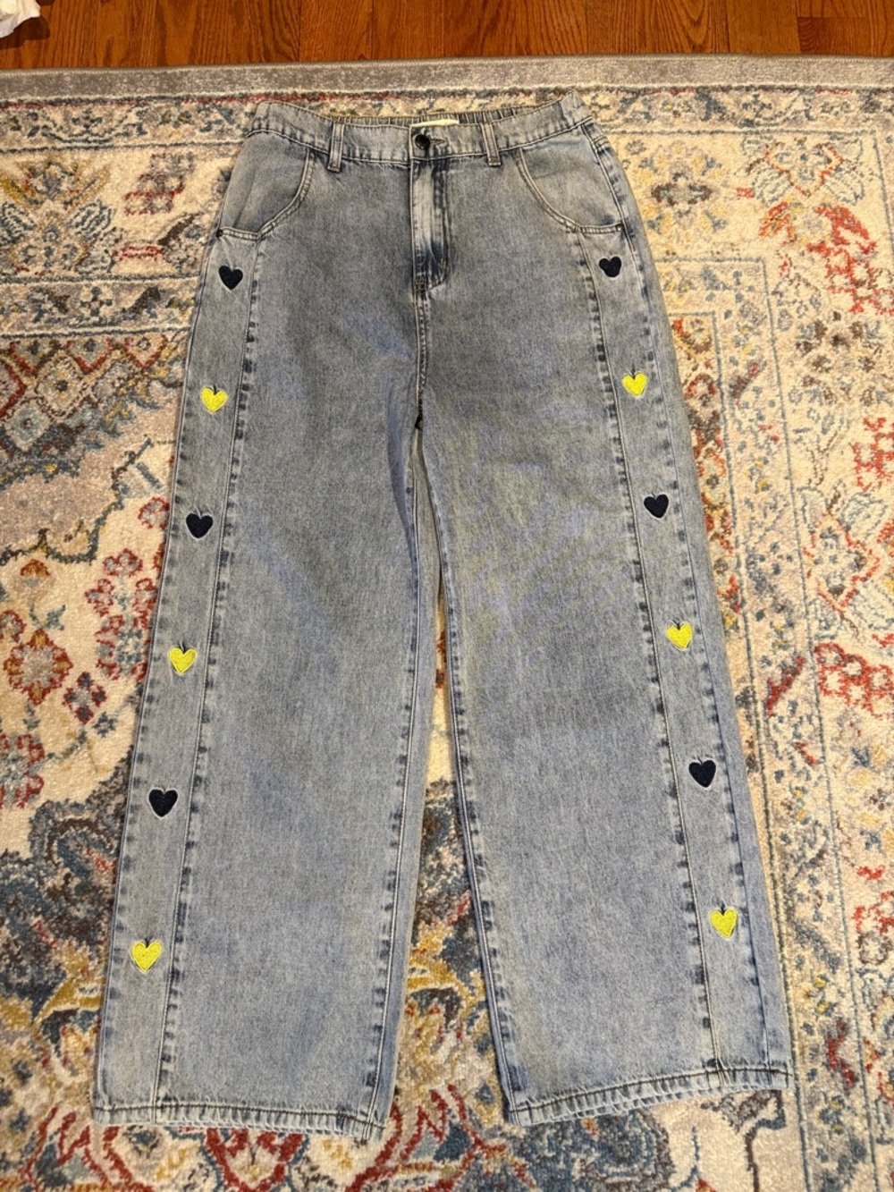 Listicle Light Wash Straight Leg Jeans with Yellow & Black Heart Accents